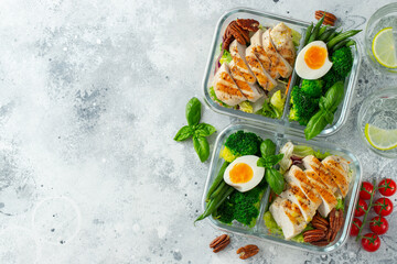 Healthy meal prep containers with green beans, chicken breast and broccoli. A set of food for keto diet in lunchbox on a light concrete background. Top view with copy space