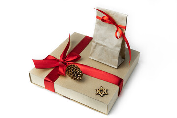 Gift wrapping made of Kraft paper . Isolated on a white background