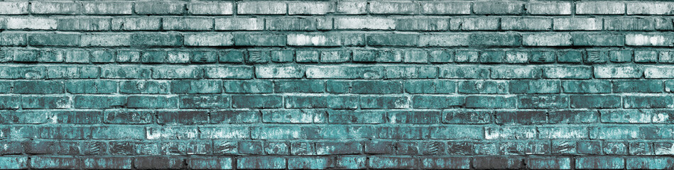Grunge Blue Brick Wall Background Large Banner. Aged Gray Wall Texture. Distressed Urban City Brickwork. Grungy Black White Stonewall Wide Wallpaper.