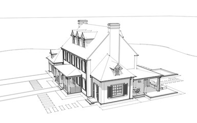 3d rendering of modern cozy classic house in colonial style with garage and pool for sale or rent with beautiful landscaping on background. Black line sketch with soft light shadows on white backgroun