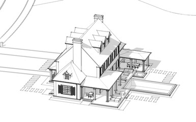 3d rendering of modern cozy classic house in colonial style with garage and pool for sale or rent with beautiful landscaping on background. Black line sketch with soft light shadows on white backgroun