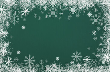 Christmas green background with white snowflakes borders