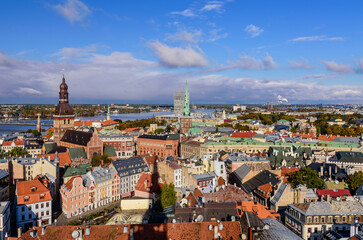 Sightseeing of Latvia. Beautiful aerial view of Riga city in the autumn, Latvia