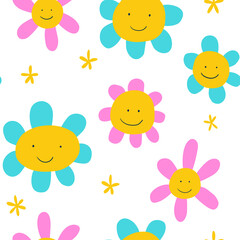Smiling flowers. Cute children's seamless pattern. Colorful flowers with funny faces. Vector illustration for kids. Ideal for kids fabric and nursery wallpaper.
