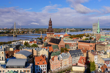Sightseeing of Latvia. Beautiful aerial view of Riga city in the autumn, Latvia