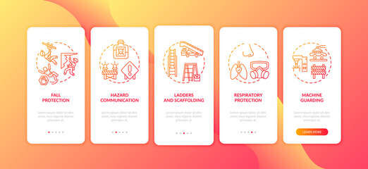 Top workplace safety violations onboarding mobile app page screen with concepts. Ladders and scaffolding walkthrough 5 steps graphic instructions. UI vector template with RGB color illustrations