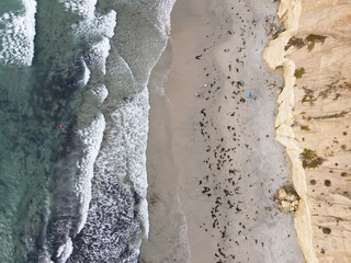 Aerial top view view of Del Mar North Beach, California coastal cliffs with Pacific ocean. San Diego County, California, USA