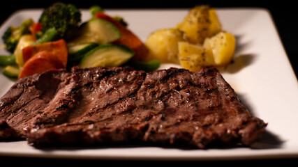Dishes with roasted meat and vegetables