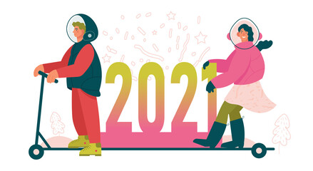 New Year 2021 creative concept illustration. Woman and man with protective helmet with 2021 inscription on scooter. Colorful vector illustration for designers templates.