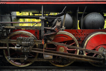 Old retro vintage steam train on platform station Ruskeala Park