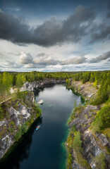 Aerial drone view to Marble canyon in Ruskeala Nature Reserve in Republic of Karelia, North Russia