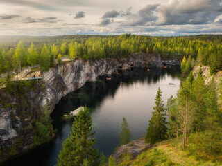 Fototapeta na wymiar Aerial drone view to Marble canyon in Ruskeala Nature Reserve in Republic of Karelia, North Russia