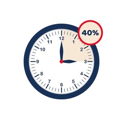 Obraz premium Clock showing discounted time. Limited time offer. Hour interval with 40% discount. From 12 to 3 o’clock. Flat icon. Vector
