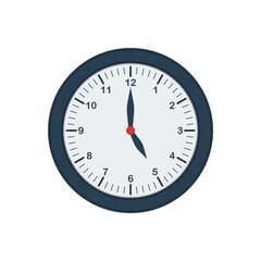 Blue wall clock icon in flat style. Five o'clock. Office clock. Vector