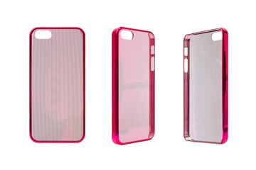 Plastic pink cover for mobile phone isolated on white background. Different angles of smart phone protector case. Silicone phone backs