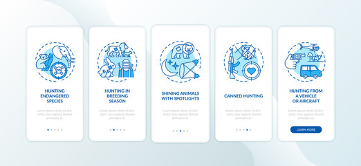 Illegal hunting blue onboarding mobile app page screen with concepts. Harm to wild life. Animal abuse walkthrough 5 steps graphic instructions. UI vector template with RGB color illustrations