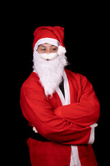 man with down syndrome dressed as santa claus on black background