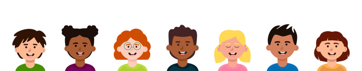 Various portraits of children. Multi-ethnic funny young people.