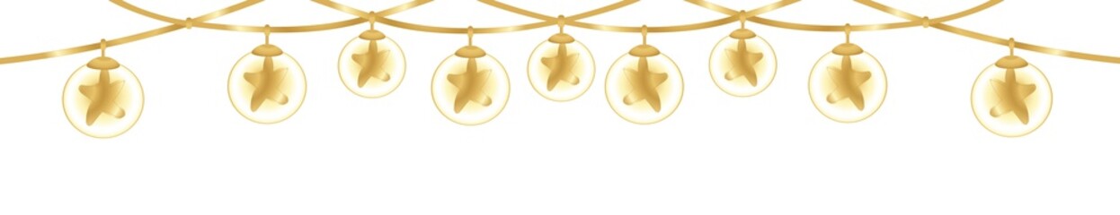 Weihnachtliche Lichterkette mit Sternen in Gold auf weißem Hintergrund. - obrazy, fototapety, plakaty