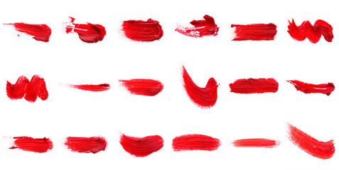 Red colored brush stroke paiting over isolated background, canvas watercolor texture, red lipstick smudge