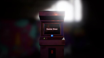 Game Over text letters on 80s arcade machine screen. Camera extreme zoom out. 3D Animation render. Isolated closeup. - Powered by Adobe