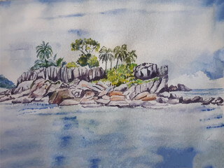 Hand drawn watercolor nature, sea and sky reflection Premium Vector