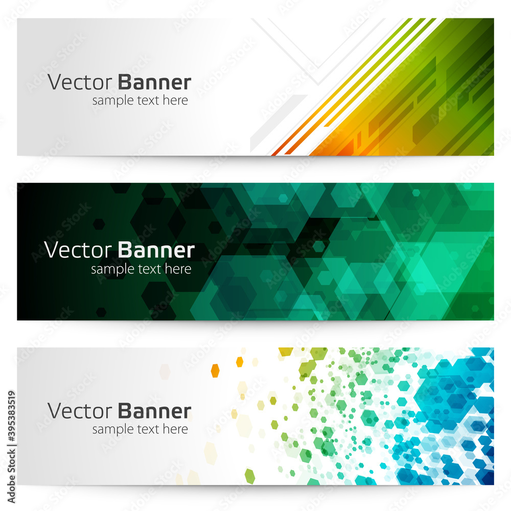 Wall mural banner with abstract polygons and lines vector template. green geometric cluster hexagons and techno