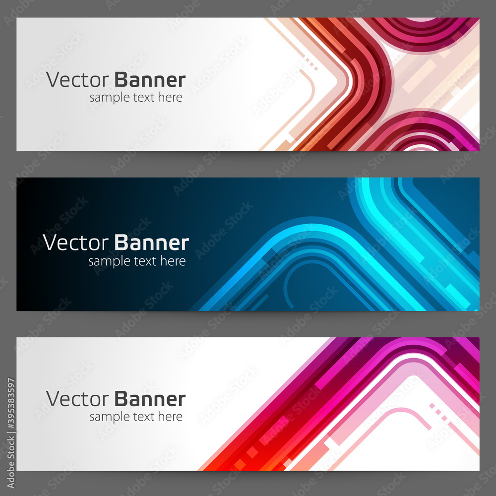 Wall mural banner abstract with curved lines geometric and shapes vector template. red vibrant futuristic track