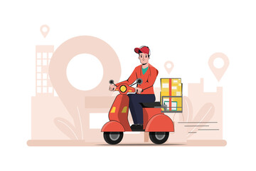 A delivery man riding a motorcycle to delivered.