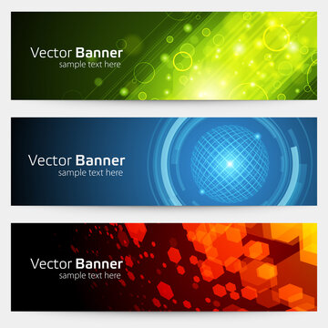 Banner with geometric abstract shapes and planet vector template. Green light lines with round dynamic bubbles and futuristic blue globe.