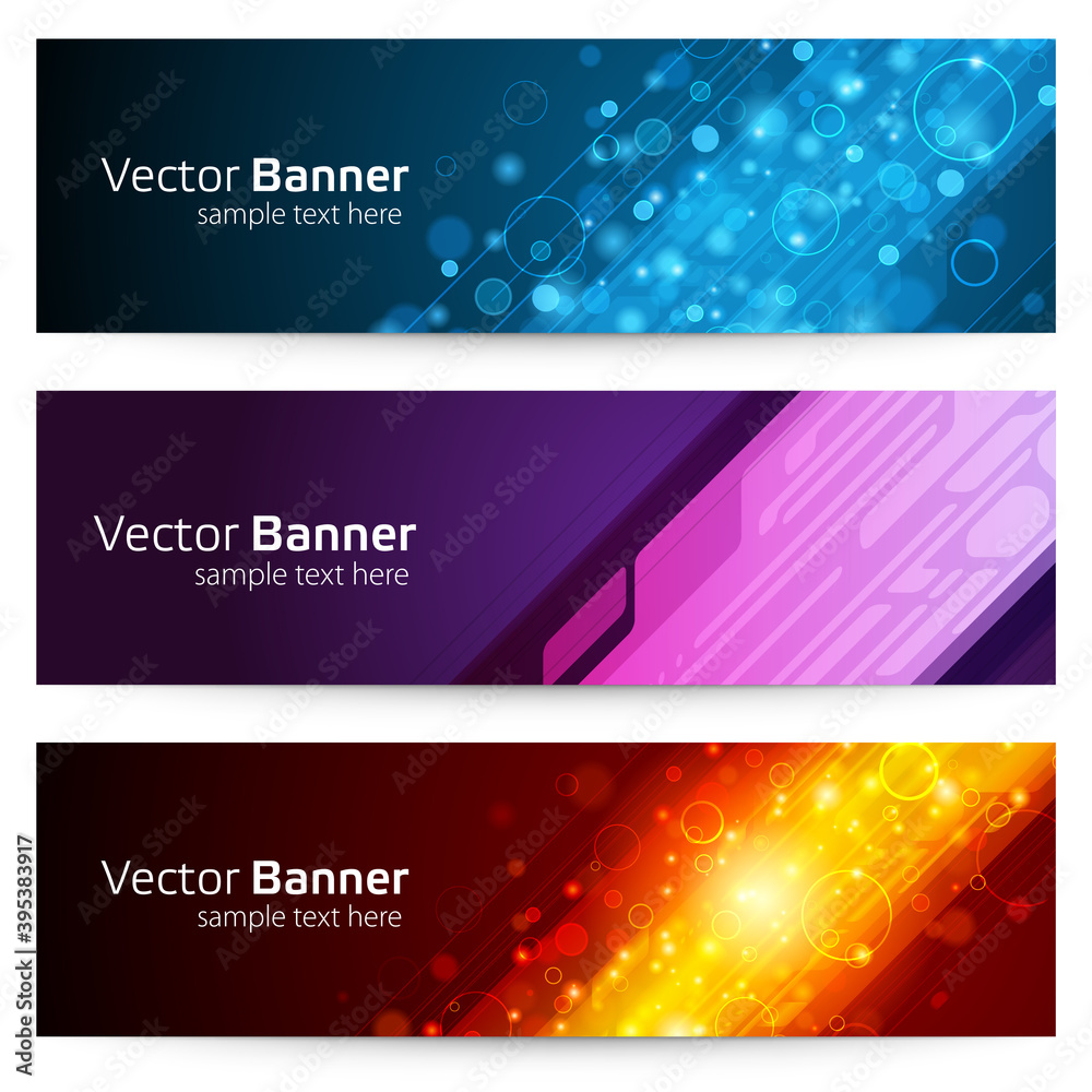 Wall mural abstract linear banner with geometric bubbles vector template. blue circle with bright flashes of li