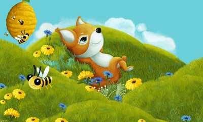 cartoon scene with forest animal on the meadow having fun - illustration