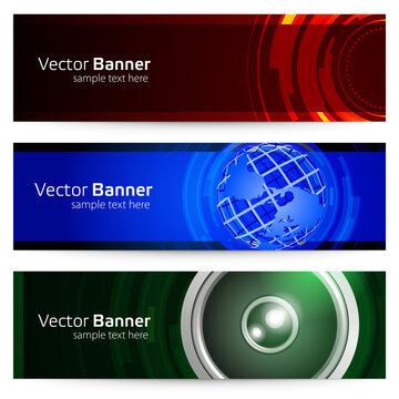 Banner geometric with scope and planet vector template. Red circle light lines with round dynamic and futuristic blue globe.