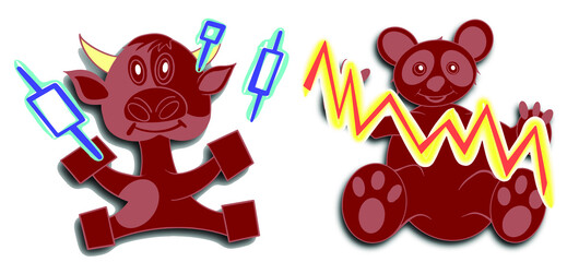 Hand drawn characters: bull juggles the candles and bear keeps the chart. EPS10 vector illustration isolated on white.
