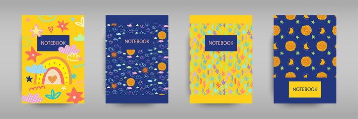 Set iridescent covers for notebooks with Boho girlish rainbows, clouds and stars. For the design of children s books, brochures, templates for school diaries. Vector illustration