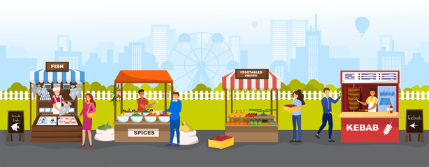 Local marketplace with fresh food. Concept of a market where salesmen offering to buy fresh fish, meat, fruits and vegetables. Flat cartoon vector illustration.