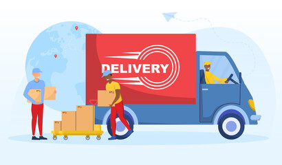 Multiracial delivery workers. Loader in fowarder uniform delivering a cargo. Delivery man holding box, driver sittin in car. Concept of transportational service. Flat cartoon vector illustration