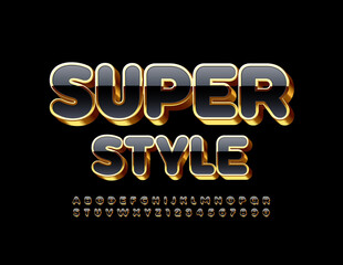 Vector Super Style Alphabet set. Black and Gold shiny Font. 3D elite Uppercase Letters and Numbers