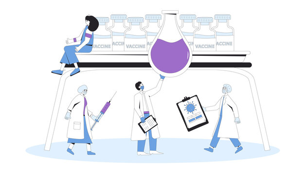 recommend clip art: Vaccination concept. Coronavirus vaccine complete development. Corona virus injection syringe. Doctors and patient. Vector line art illustration.