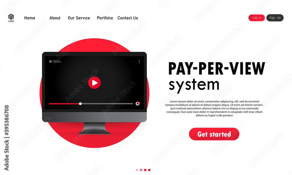 Poster pay per view system. computer with video player on display. vector on isolated white background. eps