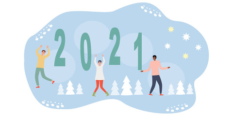 
Cartoon banner with stylish people dancing on christmas background. Fashionable guys and girls represent the coming year. Modern poster for decorative design. Flat vector. Postcard, banner, poster. 
