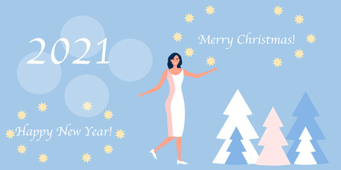 
Cartoon snow-white card with a beautiful girl in a festive dress, congratulating you Happy New Year and Merry Christmas. Vector banner design. Women's business. Winter background. December