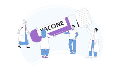 Vaccine concept. Coronavirus vaccine complete development. Corona virus injection syringe. Research of treatment and prevention medicine. Vector line art flat illustration
