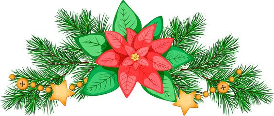 Christmas composition with poinsettia, fir branches, and golden garland. Merry Christmas Clip Art.