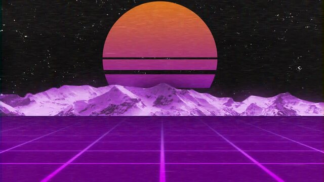 VHS Retro wave 80s, 90s style. Camera moving along the valley. Neon Sunset over the mountains. Glowing Digital wireframe net.