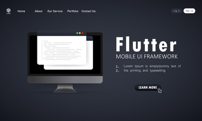 Learn to code Flutter Mobile UI Framework on computer screen, programming language code illustration. Vector on isolated white background. EPS 10