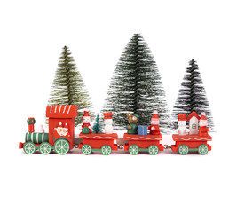 Red train toy with Christmas tree on white background for creative graphic design such as new year card, note book cover, digital card and so on.