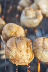 Pickled mushrooms are cooked on the grill on coals