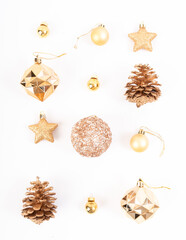 Christmas elements , pine cone, red ball, ribbon, stars glitter, gold ball on white backgrounds for xmas creative design.