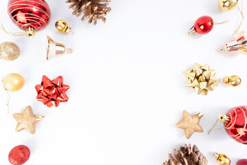 Christmas elements , pine cone, red ball, ribbon, stars glitter, gold ball on white backgrounds for xmas creative design.